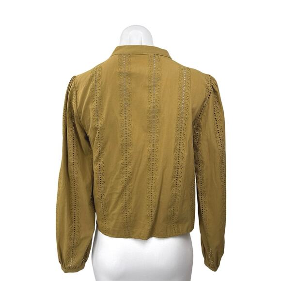 Zara Olive Green Long Sleeve Embroidered Eyelet V Neck Button Up Blouse Top Sz M - Picture 2 of 5